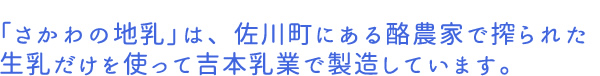 ｢さかわの地乳｣は、佐川町にある酪農家で搾られた生乳だけを使って吉本乳業で製造しています。